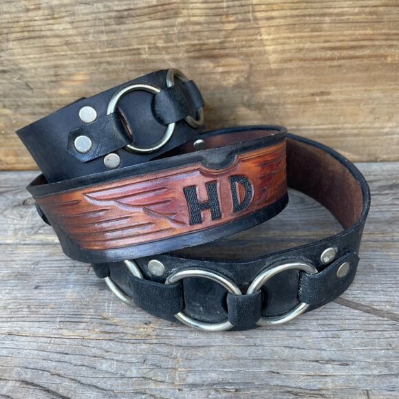 Harley Davisdon Biker Motorcycle Belt Leather Belt Strap Vintage Black / Brown - Picture 12 of 13